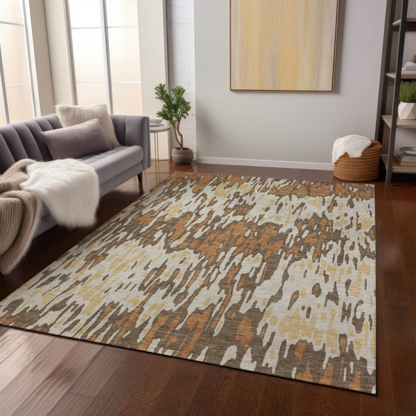 Homeroots 3' Washable Brown Beige And Gray Striped Area Rug For Indoor And Outdoor High Traffic Spaces 9' X 12' Polyester 596666