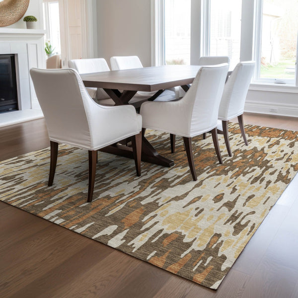 Homeroots 3' Washable Brown Beige And Gray Striped Area Rug For Indoor And Outdoor High Traffic Spaces 9' X 12' Polyester 596666