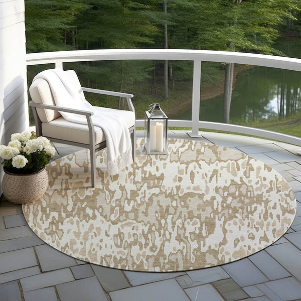 Homeroots 3' Washable Brown Beige And Gray Striped Area Rug For Indoor And Outdoor High Traffic Spaces 8' Round Polyester 596682