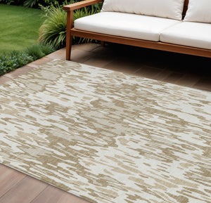 Homeroots 3' Washable Brown Beige And Gray Striped Area Rug For Indoor And Outdoor High Traffic Spaces 10' X 14' Polyester 596685