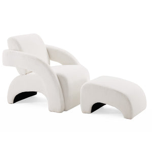 English Elm Upholstered Bouclé Lounge Chair and Ottoman Set with Curved Sled Base for Modern Rooms T3623P430771