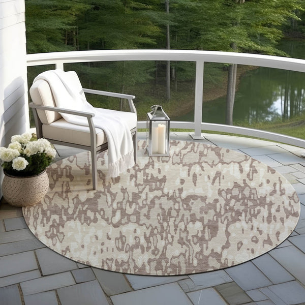 Homeroots 3' Washable Brown Beige And Gray Striped Area Rug For Indoor And Outdoor High Traffic Spaces 8' Round Polyester 596700