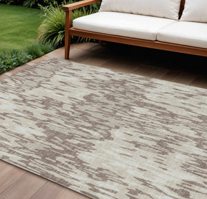 Homeroots 3' Washable Brown Beige And Gray Striped Area Rug For Indoor And Outdoor High Traffic Spaces 10' X 14' Polyester 596703