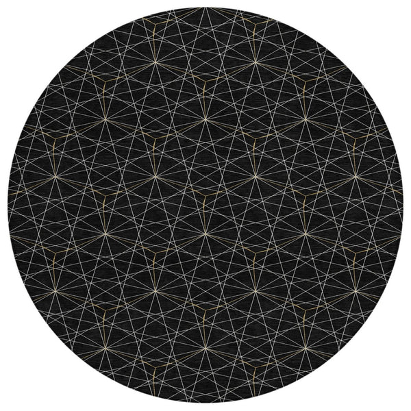 HomeRoots 5' Black and Ivory Geometric Area Rug - Durable, Washable Design for Indoor and Outdoor Spaces 8' Round 596718
