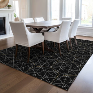 Homeroots 3' Black And Ivory Geometric Washable Area Rug - Perfect For Indoor And Outdoor Spaces, Durable Design 10' X 14' Polyester 596721