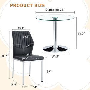 English Elm Table Set: 35" Round Transparent Glass Dining Table With 4 Black Pu Chairs & Silver Metal Legs W1151S03704-GIGA