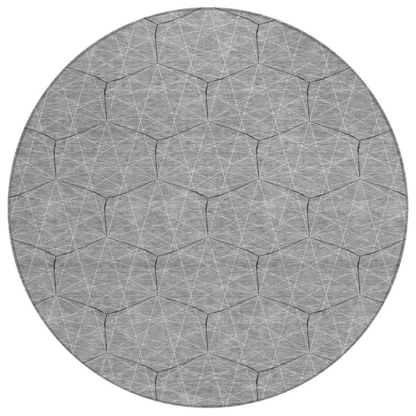 HomeRoots 5' Modern Gray Black Ivory Geometric Washable Area Rug for Indoor and Outdoor High-Traffic Spaces 8' Round 596742
