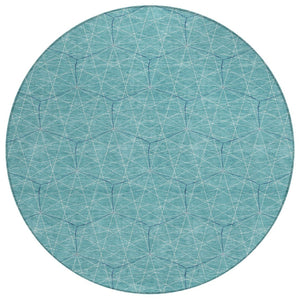 HomeRoots 5' Modern Teal Blue Black and Ivory Geometric Area Rug for Indoor & Outdoor Spaces, Washable & Durable 8' Round 596772