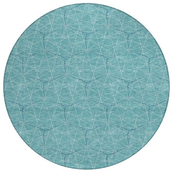 HomeRoots 5' Modern Teal Blue Black and Ivory Geometric Area Rug for Indoor & Outdoor Spaces, Washable & Durable 8' Round 596772