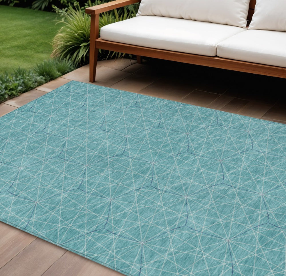 HomeRoots 9' X 12' Durable Teal Blue & Black Geometric Area Rug – Stylish Indoor/Outdoor Washable Floorcovering 596774