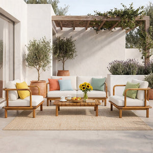 English Elm Canape Solid Acacia Wood Outdoor Conversation Set Sculptural Teak Finish Patio Seating N773OC00090T