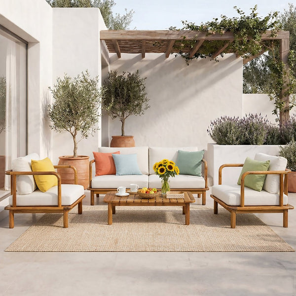 English Elm Canape Solid Acacia Wood Outdoor Conversation Set Sculptural Teak Finish Patio Seating N773OC00090T