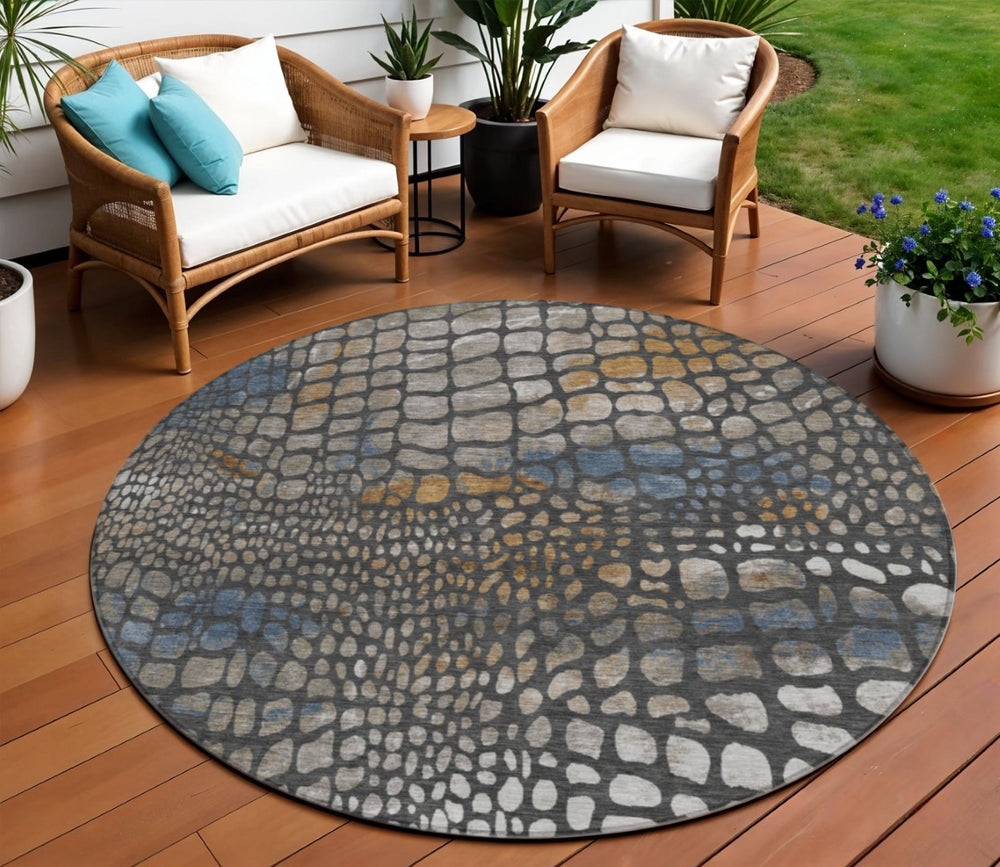 HomeRoots 5' Charcoal Brown and Copper Abstract Area Rug - Stylish, Durable, Machine Washable for Indoors or Outdoors 8' Round 596784