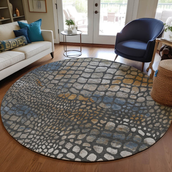 Homeroots 3' Charcoal Brown And Copper Abstract Washable Area Rug For Indoor And Outdoor Spaces, Durable Design 8' Round Polyester 596784