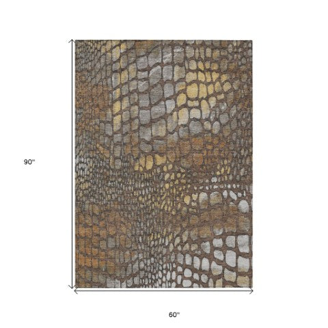 Homeroots 3' Charcoal Brown And Copper Abstract Washable Area Rug For Indoor And Outdoor Spaces, Durable Design 5' X 8' Polyester 596789