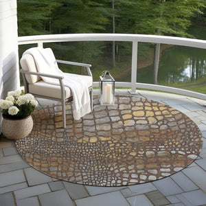 Homeroots 3' Charcoal Brown And Copper Abstract Washable Area Rug For Indoor And Outdoor Spaces, Durable Design 8' Round Polyester 596790