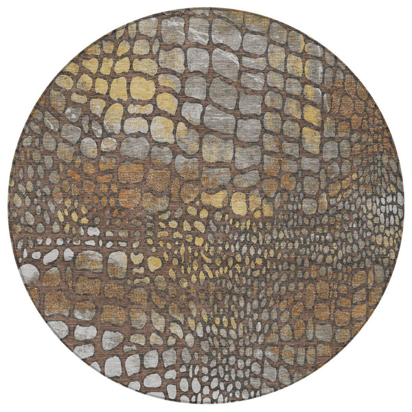 Homeroots 3' Charcoal Brown And Copper Abstract Washable Area Rug For Indoor And Outdoor Spaces, Durable Design 8' Round Polyester 596790