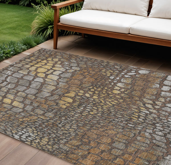 Homeroots 3' Charcoal Brown And Copper Abstract Washable Area Rug For Indoor And Outdoor Spaces, Durable Design 8' X 10' Polyester 596791