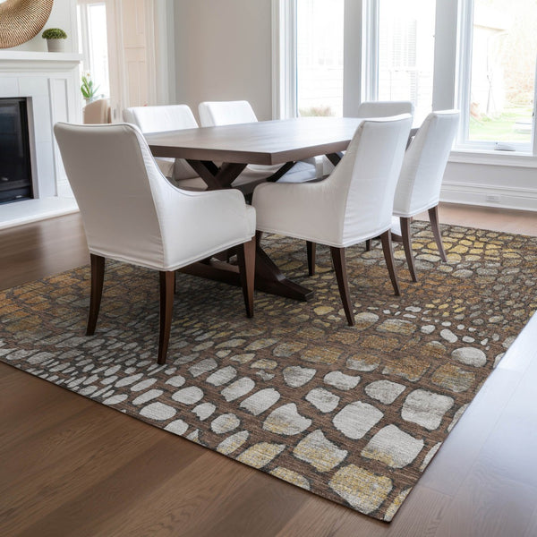 Homeroots 3' Charcoal Brown And Copper Abstract Washable Area Rug For Indoor And Outdoor Spaces, Durable Design 8' X 10' Polyester 596791