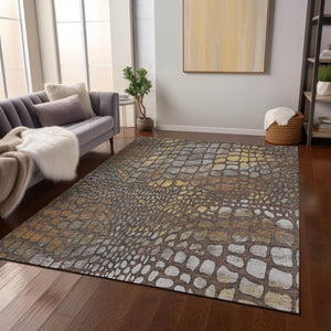 Homeroots 3' Charcoal Brown And Copper Abstract Washable Area Rug For Indoor And Outdoor Spaces, Durable Design 10' X 14' Polyester 596793