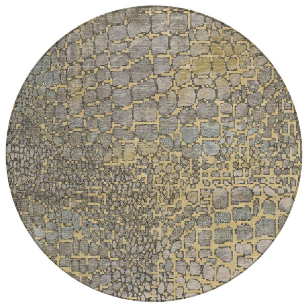 HomeRoots 5' Gold and Gray Abstract Area Rug - Durable, Washable, Indoor/Outdoor Design for High-Traffic Spaces 8' Round 596796