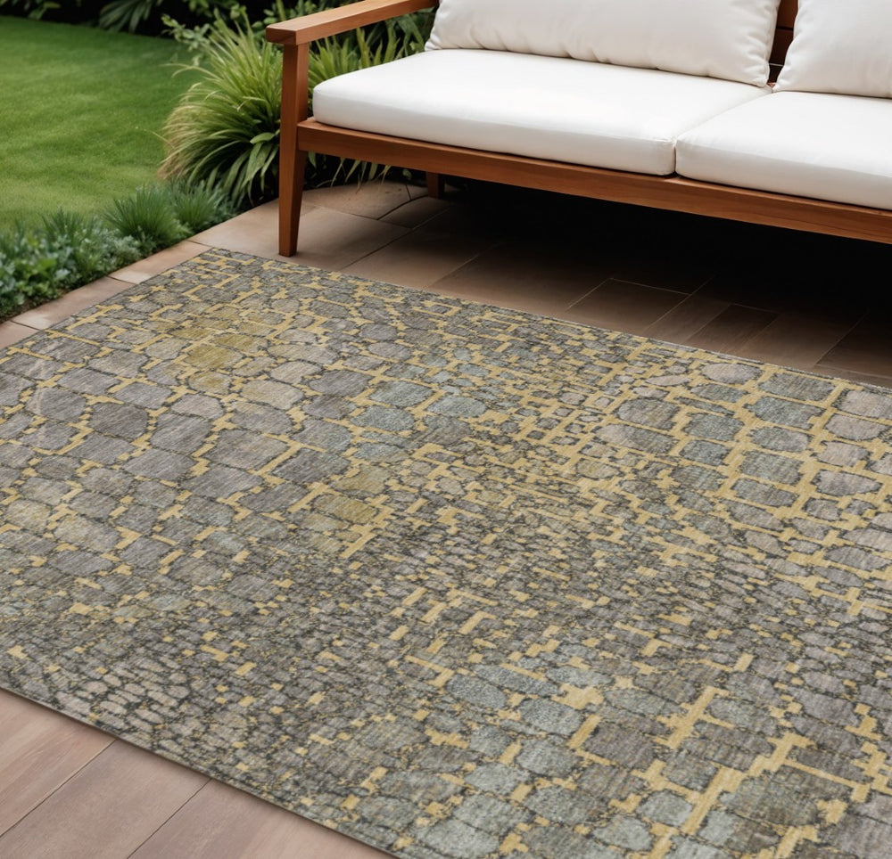 HomeRoots 9' X 12' Gold & Gray Abstract Area Rug - Durable, Washable Design for Indoor & Outdoor Spaces 596798