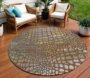 Homeroots 3' Charcoal Brown And Copper Abstract Washable Area Rug For Indoor And Outdoor Spaces, Durable Design 8' Round Polyester 596814