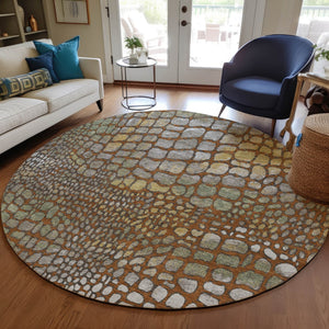 Homeroots 3' Charcoal Brown And Copper Abstract Washable Area Rug For Indoor And Outdoor Spaces, Durable Design 8' Round Polyester 596814
