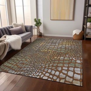 Homeroots 3' Charcoal Brown And Copper Abstract Washable Area Rug For Indoor And Outdoor Spaces, Durable Design 8' X 10' Polyester 596815
