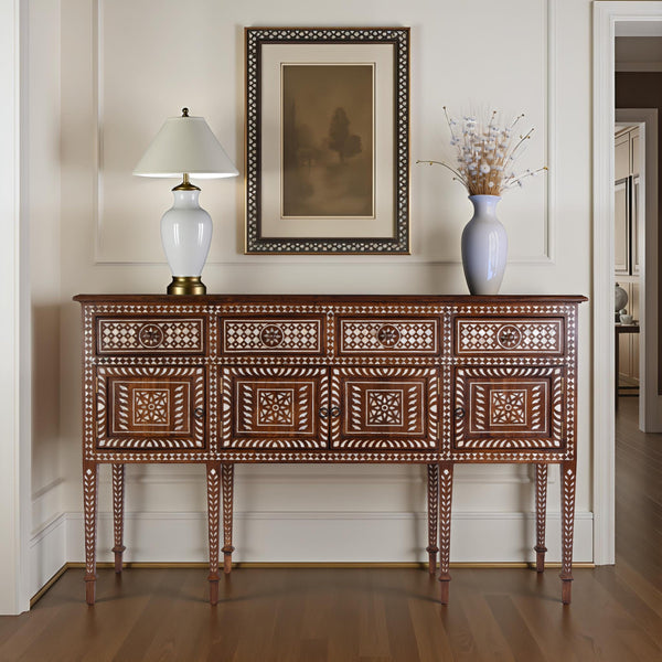 Butler Specialty Butler 60" W Mother Of Pearl & Teak Wood Console Table - Elegant 4 Drawer & 2 Door Storage Solution Brown Teak Wood,Mother Of Pearl 5968338-butler