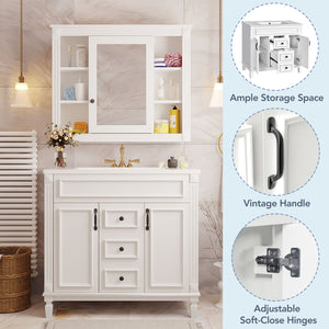 English Elm 36'' Bathroom Vanity with Sink and Mirror Cabinet, Modern MDF & Solid Wood Design, Ceramic Top, Soft-Close Doors White SW000115AAK-1