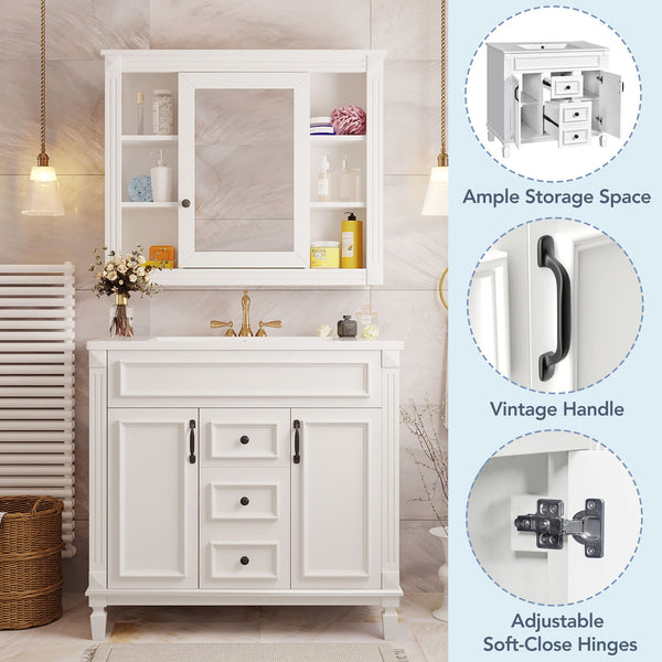 English Elm 36'' Bathroom Vanity with Sink and Mirror Cabinet, Modern MDF & Solid Wood Design, Ceramic Top, Soft-Close Doors White SW000115AAK-1