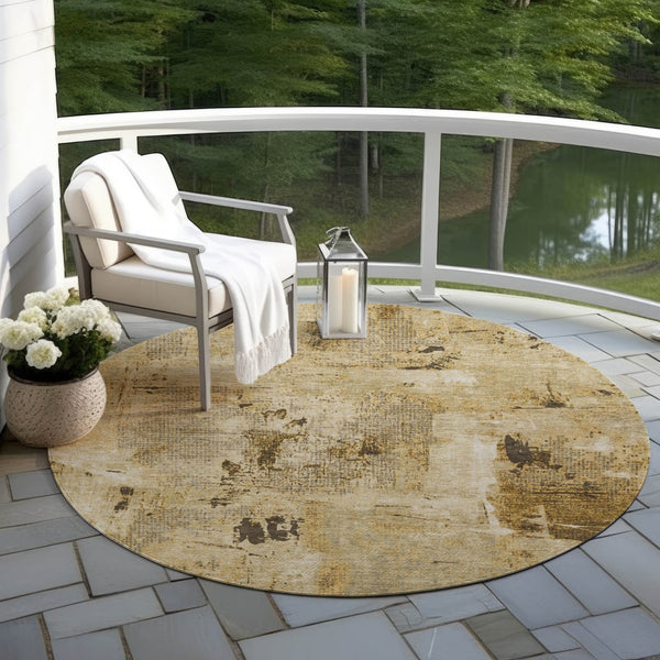 Homeroots 3' Beige And Brown Abstract Washable Indoor Outdoor Area Rug - Stylish, Durable, And Versatile Decor 8' Round Polyester 596838