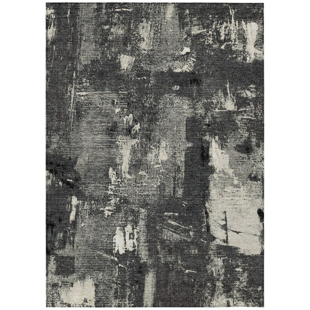 HomeRoots 9' X 12' Modern Black Gray Ivory Abstract Washable Area Rug for Indoor & Outdoor High-Traffic Spaces 596846