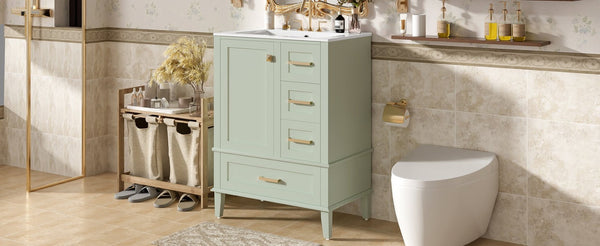 English Elm 24" Olive Bathroom Vanity Solid Wood Frame Ceramic Sink Gold Hardware Soft Close Green N729P373276F