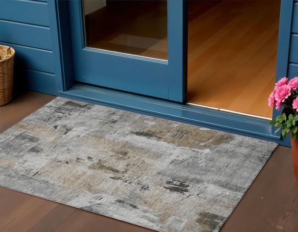 Homeroots 3' Beige And Brown Abstract Washable Indoor Outdoor Area Rug - Stylish, Durable, And Versatile Decor 3' X 5' Polyester 596866