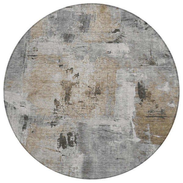 HomeRoots 5' Modern Abstract Gray Ivory Brown Washable Area Rug for Indoor and Outdoor High-Traffic Spaces 8' Round 596868