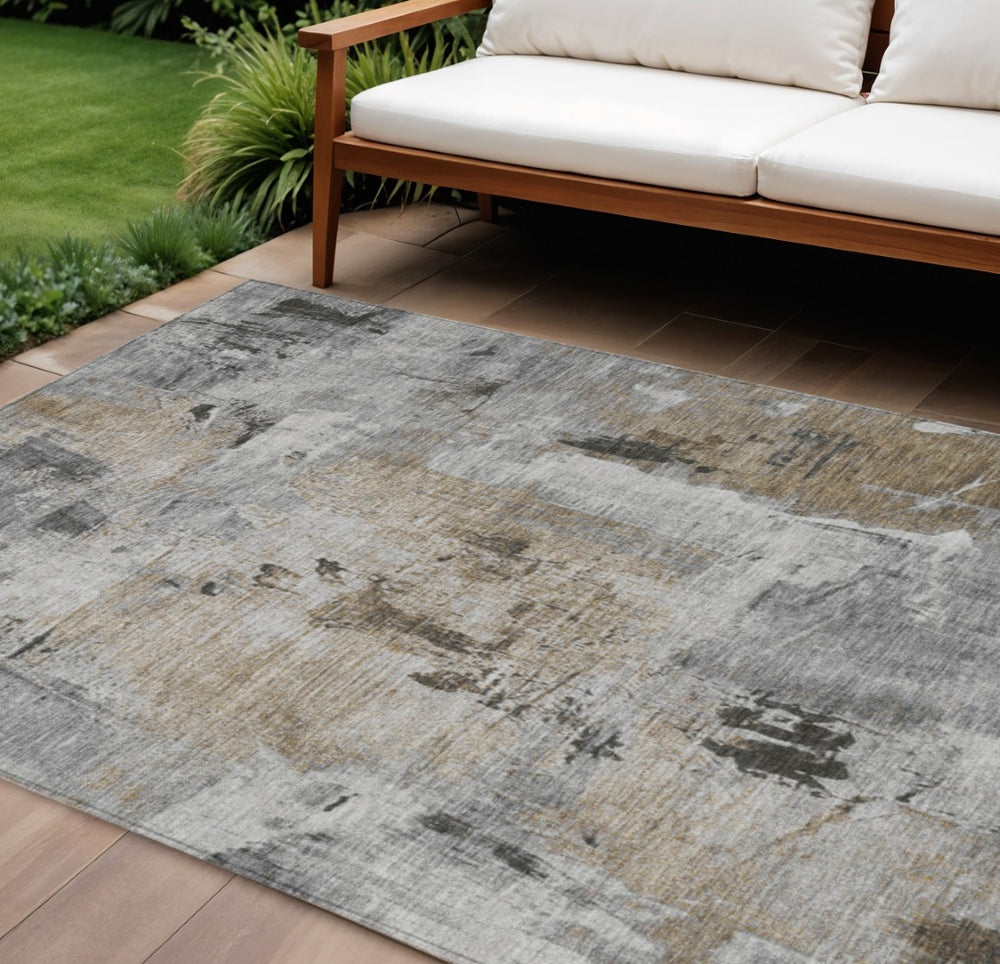 HomeRoots 9' X 12' Modern Gray Ivory Brown Abstract Washable Rug – Durable, Stylish for Indoor & Outdoor Use 596870
