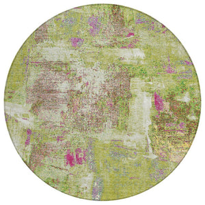 HomeRoots 5' Modern Abstract Area Rug in Vibrant Lime Green, Ivory & Pink – Washable, Indoor/Outdoor Use 8' Round 596874