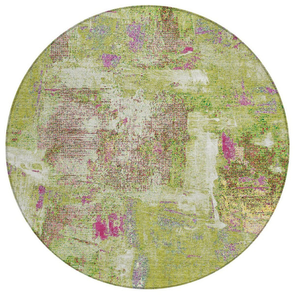 HomeRoots 5' Modern Abstract Area Rug in Vibrant Lime Green, Ivory & Pink – Washable, Indoor/Outdoor Use 8' Round 596874
