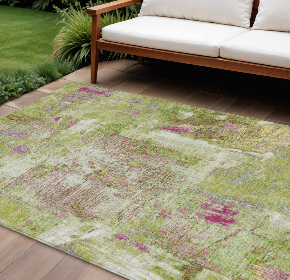 HomeRoots 5' Modern Abstract Area Rug in Vibrant Lime Green, Ivory & Pink – Washable, Indoor/Outdoor Use 10' X 14' 596877