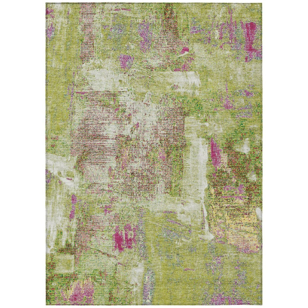HomeRoots 5' Modern Abstract Area Rug in Vibrant Lime Green, Ivory & Pink – Washable, Indoor/Outdoor Use 10' X 14' 596877
