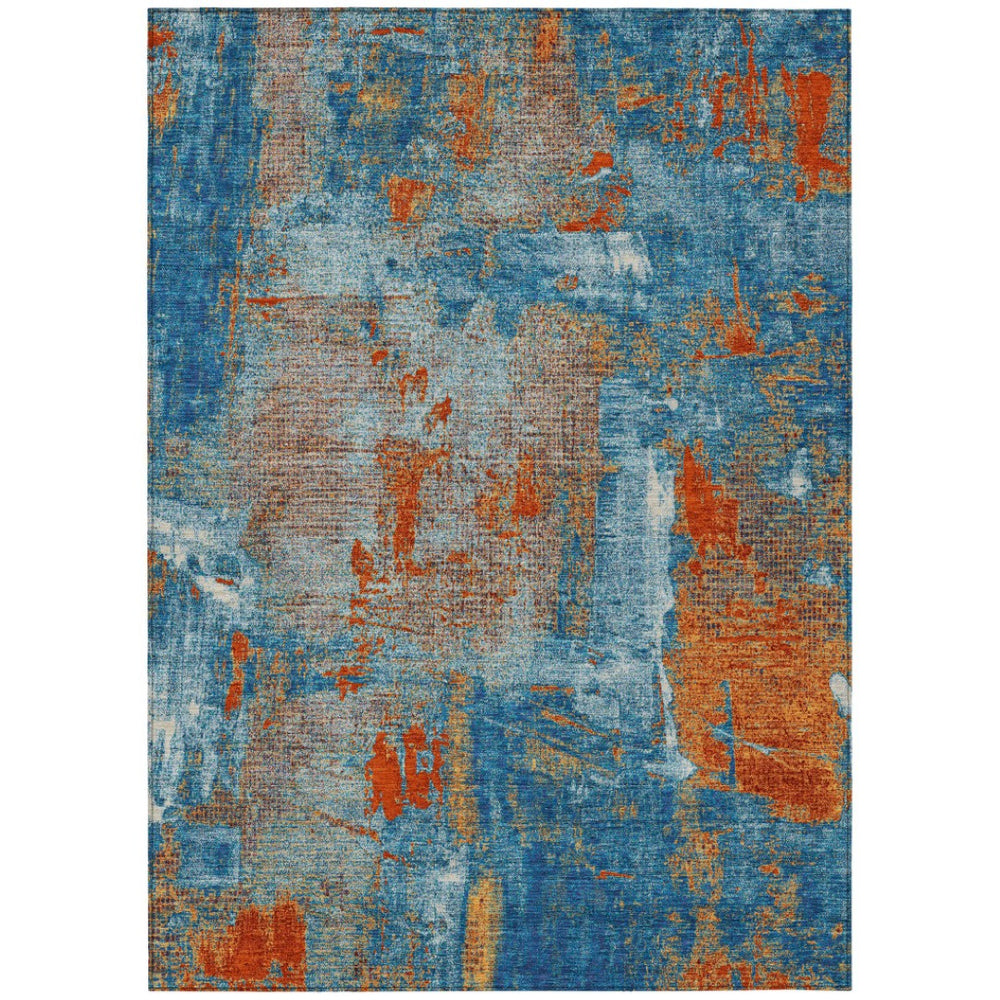 HomeRoots 5' Abstract Navy Blue and Orange Washable Area Rug - Stylish Indoor/Outdoor Décor for Any Space 5' X 8' 596879