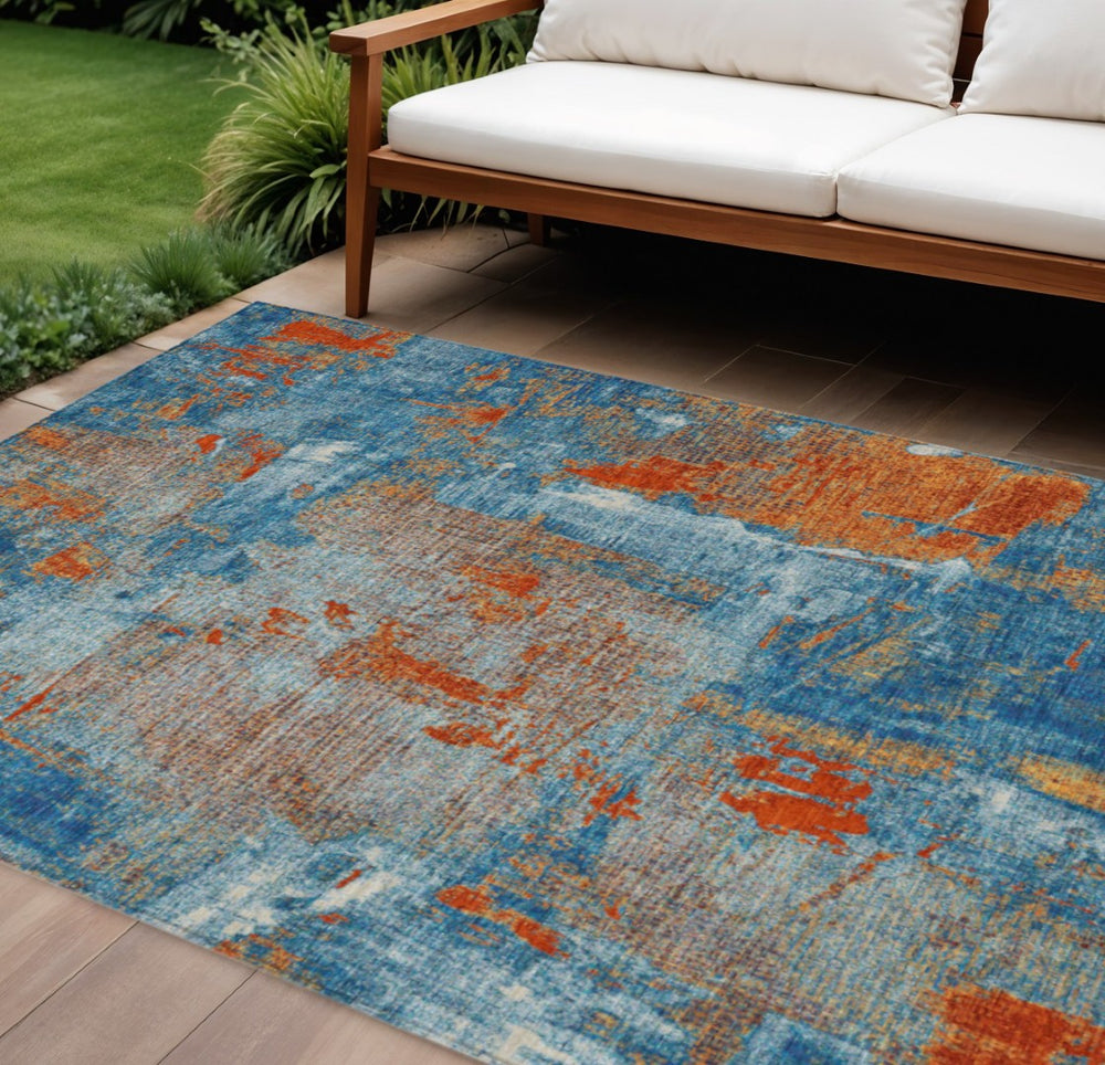 HomeRoots 9' X 12' Navy Blue, Orange & Ivory Abstract Area Rug - Durable, Washable for Indoor & Outdoor Use! 596882
