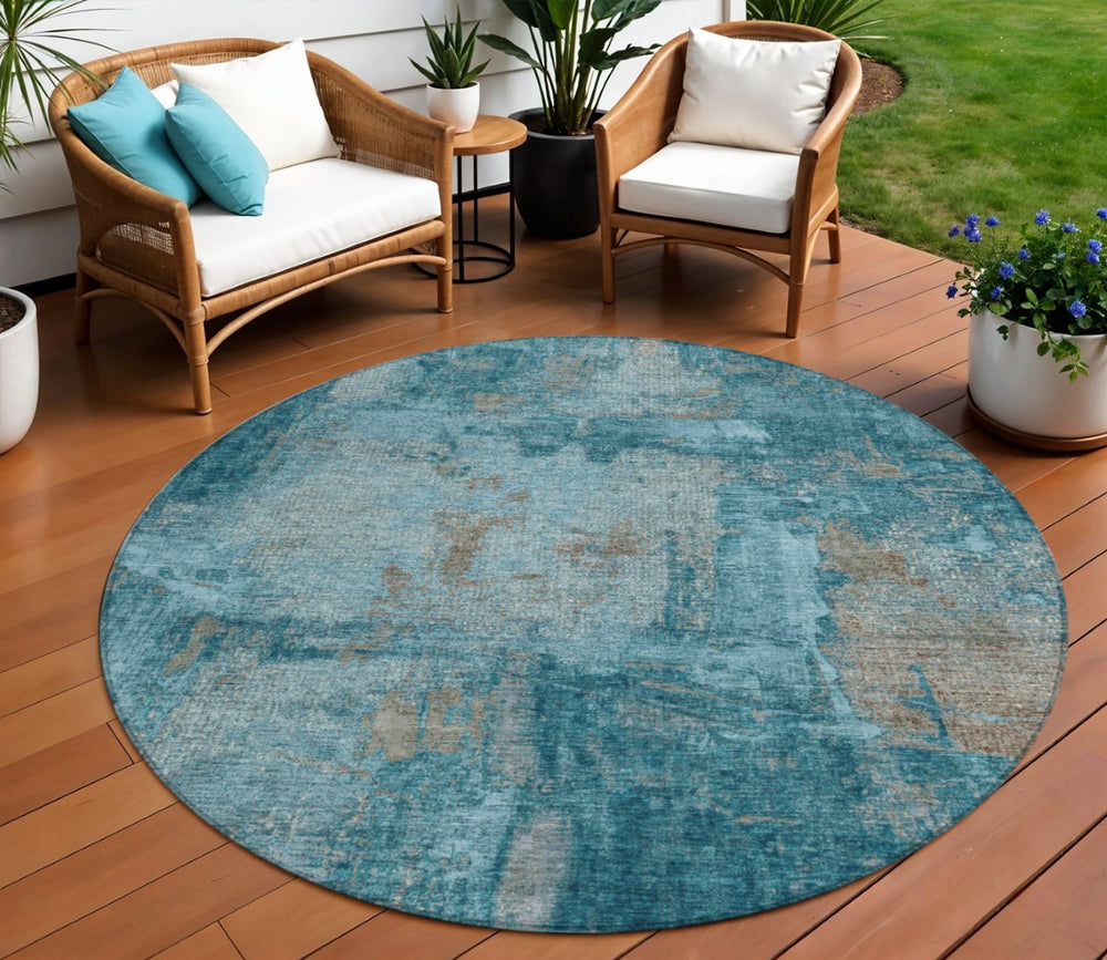 HomeRoots 5' Teal Blue and Gray Abstract Area Rug - Stylish, Washable, Durable for Indoor and Outdoor Spaces 8' Round 596892