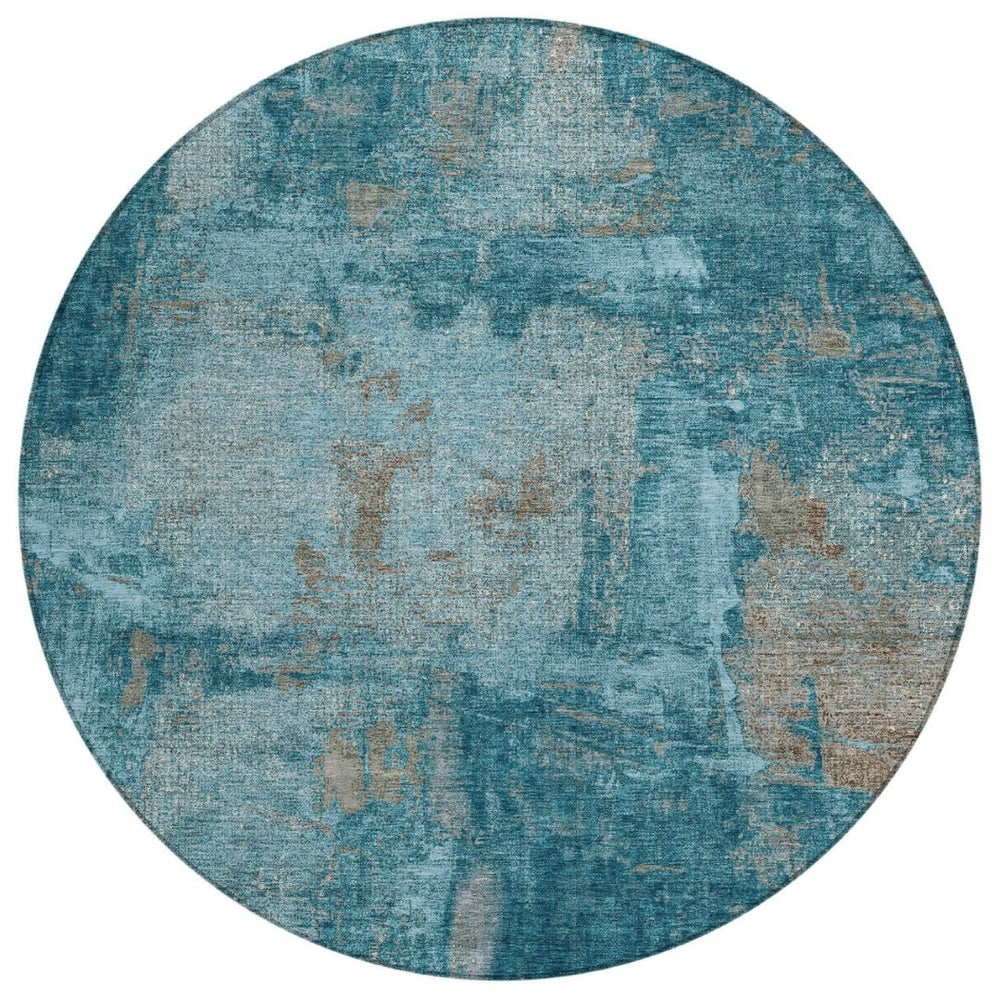 HomeRoots 5' Teal Blue and Gray Abstract Area Rug - Stylish, Washable, Durable for Indoor and Outdoor Spaces 8' Round 596892