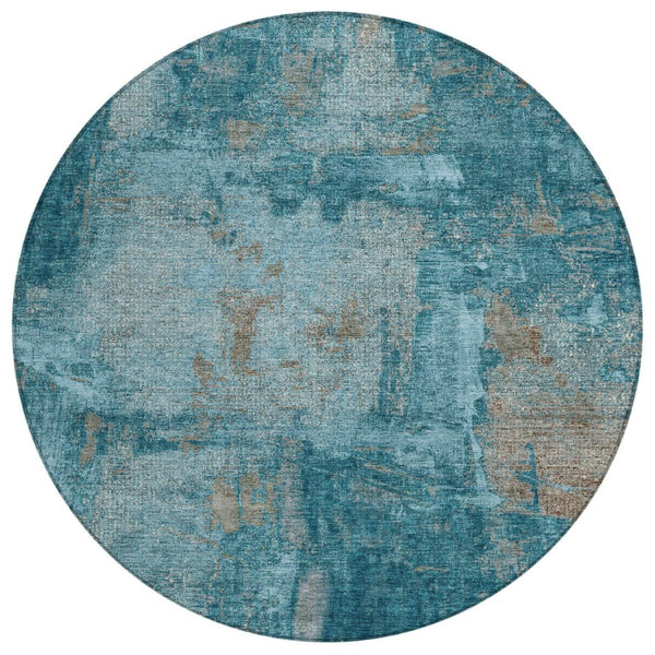 HomeRoots 5' Teal Blue and Gray Abstract Area Rug - Stylish, Washable, Durable for Indoor and Outdoor Spaces 8' Round 596892