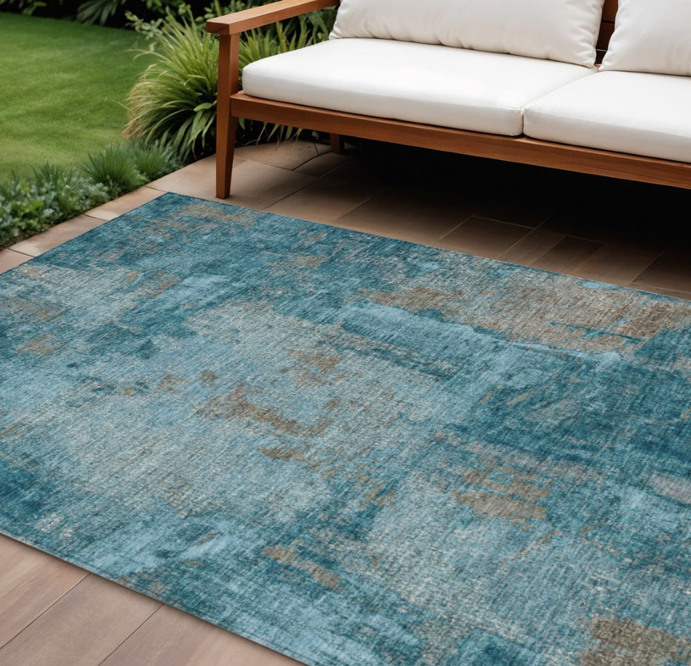 HomeRoots 9' X 12' Teal Blue and Gray Abstract Area Rug - Washable, Durable, Stylish for Indoor & Outdoor Spaces 596894