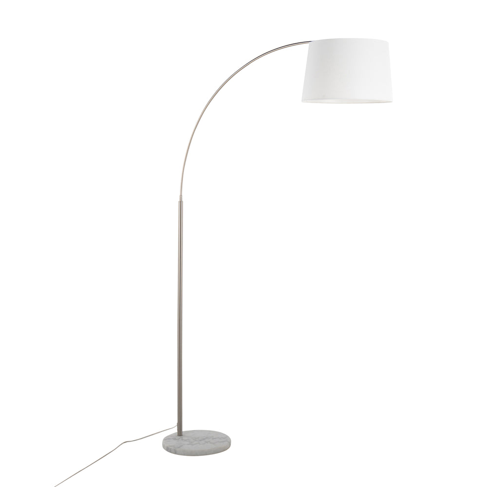 English Elm March Floor Lamp: Elegant Arc Design With White Linen Shade & Marble Base For Modern Interiors B202S01376