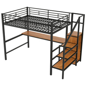 English Elm Full Size Metal Loft Bed With Desk, Storage Steps, Wardrobe, Led Light - Perfect For Small Spaces! GX000620AAB-1